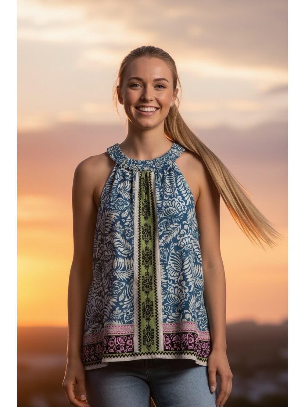 Loft Women's Palm Smocked Halter Top Size M Geometric Lightweight Feminine
